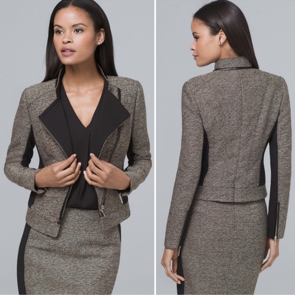 White House Black Market Jackets & Blazers - White House Black Market NWT Women’s Tweed Moto Blazer w/ Faux Leather Trim Sz 2